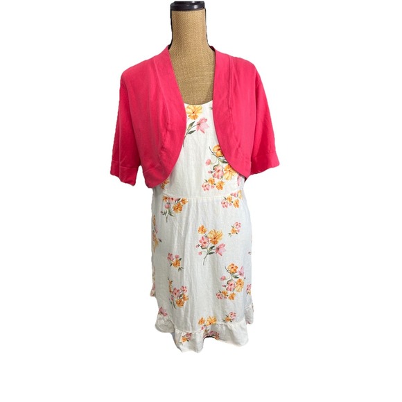 Plus Size XL 2-Piece Outfit Floral Linen Dress & Pink Cropped Jacket Set - Picture 2 of 16